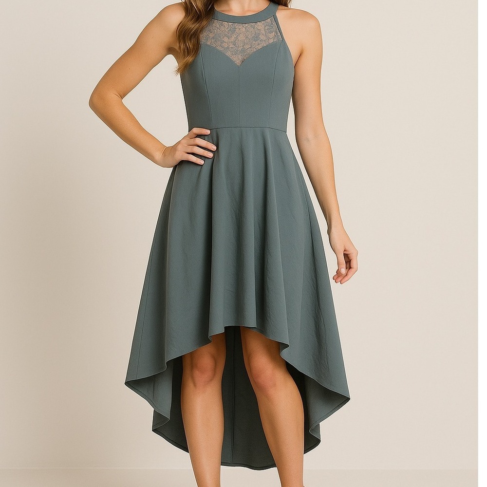 Dress Tells Hi-Lo Dress Lace Halter Party Cocktail Sage Green 2XL Statement